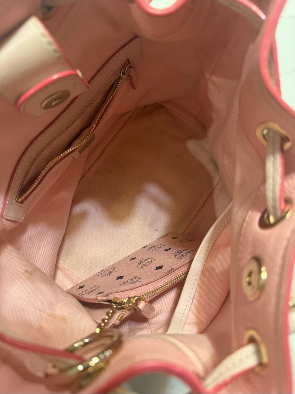 MCM Light Pink Embossed Drawstring Shoulder Bucket Bag - Picture 10 of 11